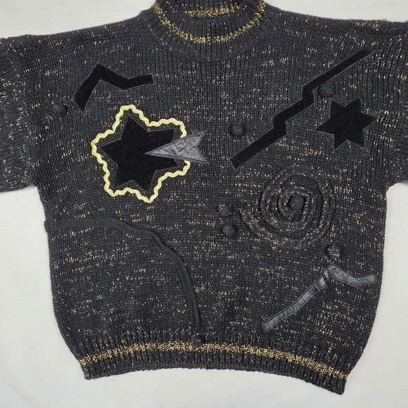 Vintage 80s Celestial Gold Sparkle Star Velvet Patch Mock Neck Sweater Womens L‎ - Picture 7 of 16